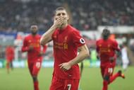 SWANSEA, WALES - OCTOBER 01:  James Milner of Liverpool celebrates scoring his sides second goal during the Premier League match between Swansea City and Liverpool at Liberty Stadium on October 1, 2016 in Swansea, Wales.  (Photo by Julian Finney/Getty Images)